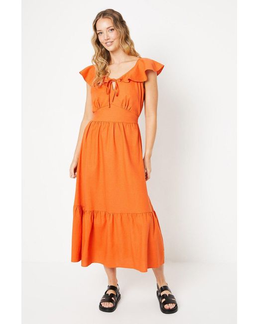 Oasis Orange Linen Frill Shoulder Midi Dress