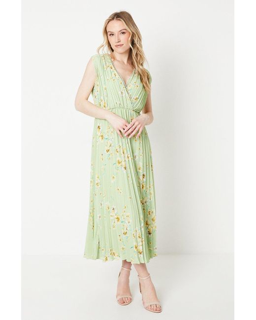 Oasis Green Occasion Floral Pleated Wrap Midaxi Dress