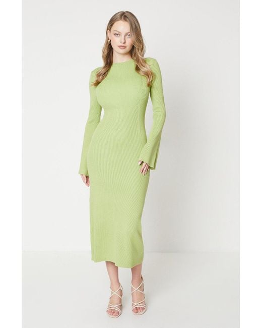 Oasis Green Long Sleeve Ribbed Detail Midi Dress