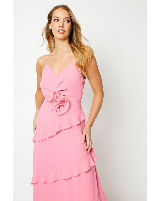 Oasis Pink Occasion Corsage Ruffle Maxi Dress