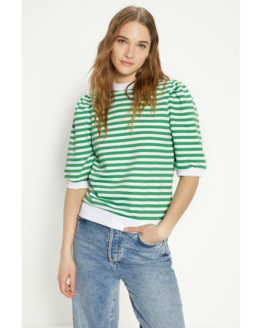 Oasis Green Stripe Scallop Short Sleeve Sweatshirt