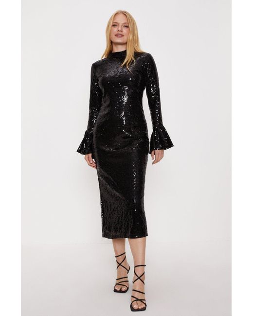 Oasis Black Sequin Flare Sleeve Back Detail Midi Dress