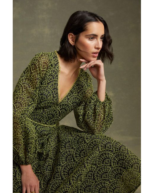 Oasis Green Geo Embroidered Organza V Neck Midi Dress