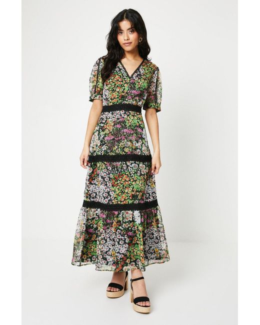 Oasis Green Petite Printed Chiffon Lace Insert Midi Tea Dress