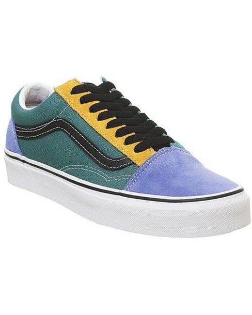 blue and yellow old skool vans