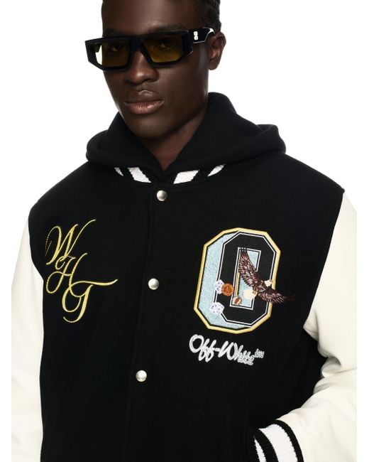 Off-White c/o Virgil Abloh Black Fresco Leather/Wool Varsity Jacket for men