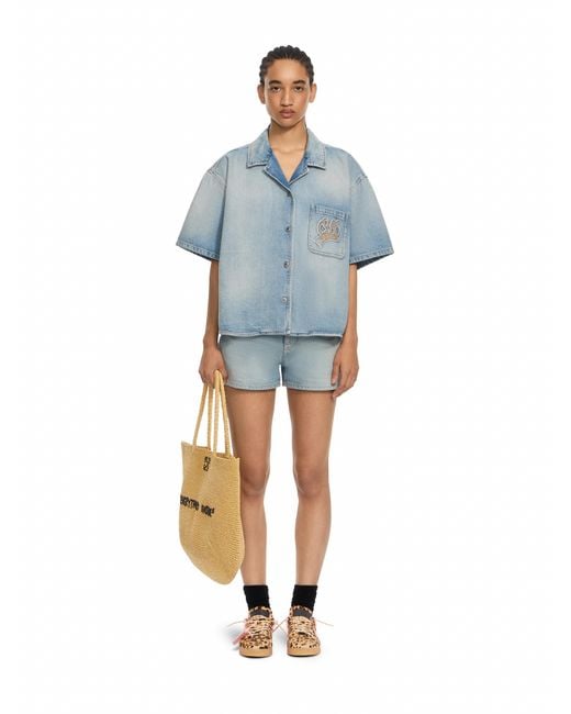 Off-White c/o Virgil Abloh Blue College Patch Denim S/S Shirt
