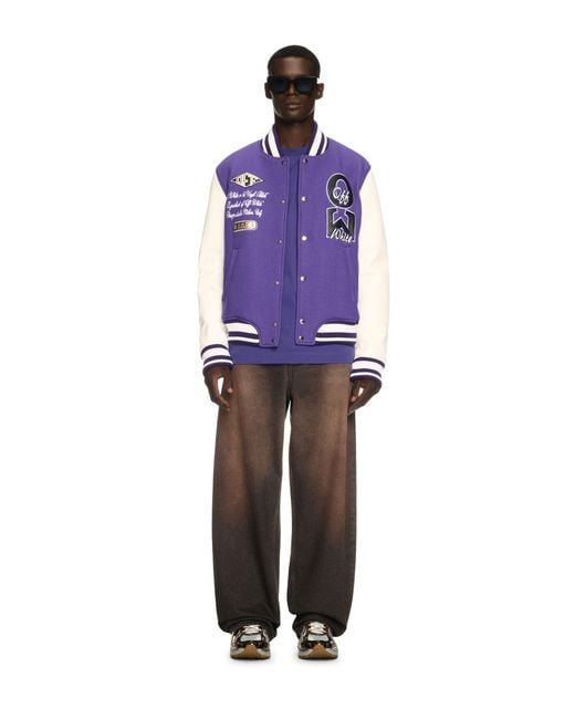 Off-White c/o Virgil Abloh Purple Time Leather/Wool Varsity Jacket for men