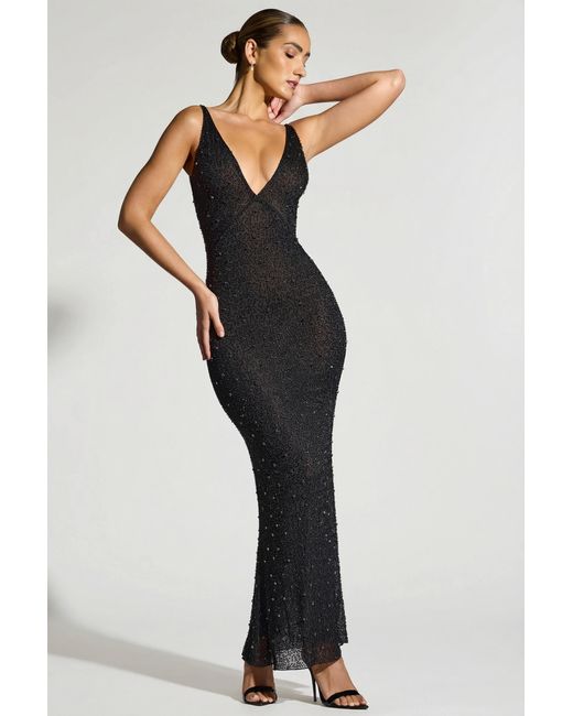 Oh Polly Black Embellished Plunge Neck Evening Gown