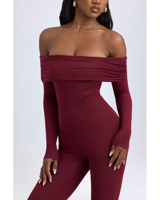 Oh Polly Red Modal Off-Shoulder Ruched Jumpsuit