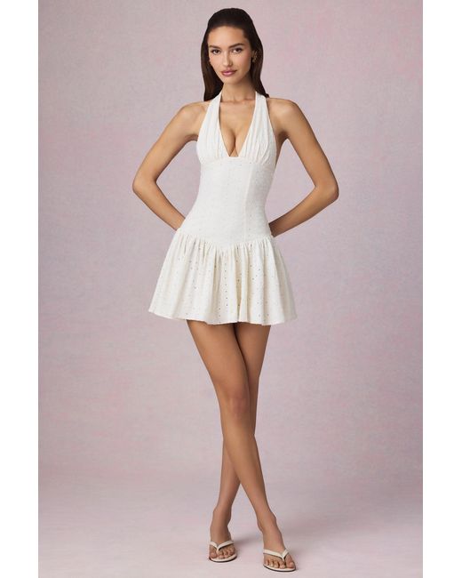 Oh Polly White Modal Broderie Anglaise Halterneck Mini Dress