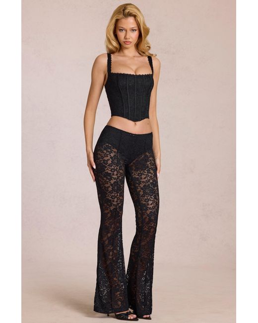 Oh Polly Black Sheer Lace Mid-Rise Flared Trousers