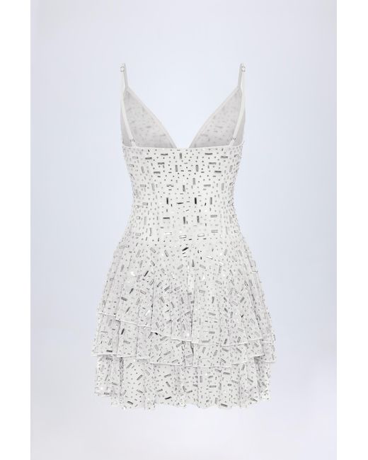 Oh Polly White Embellished Ruffled Tiered Mini Dress
