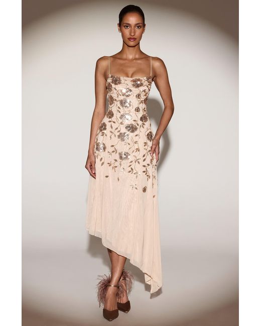 Oh Polly Metallic Embellished Soft-Scoop Asymmetric Midaxi Dress
