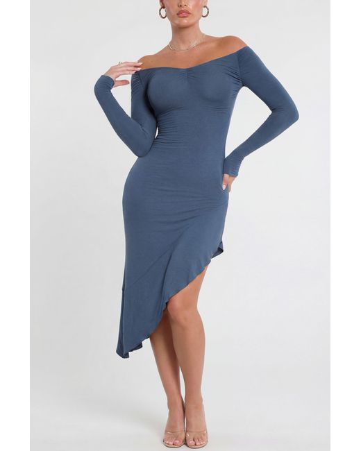 Oh Polly Blue Long Sleeve Off-The-Shoulder Modal Cashmere Blend Maxi Dress