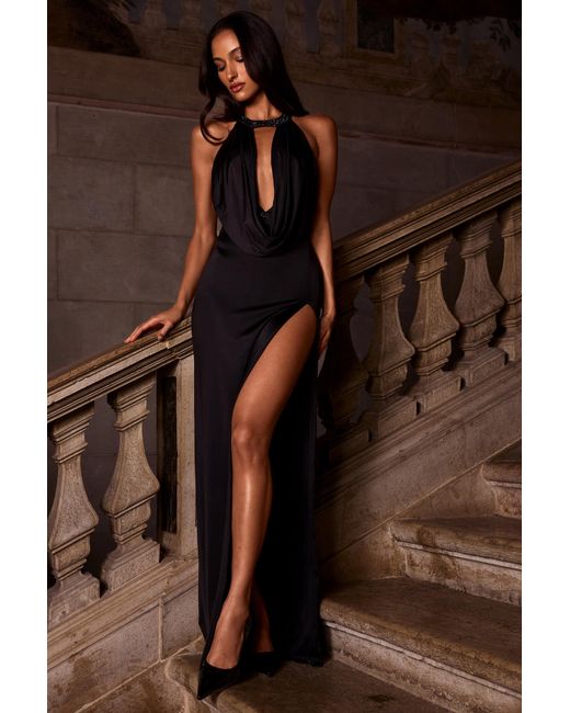Oh Polly Black Cowl-Neck Thigh-High Gown
