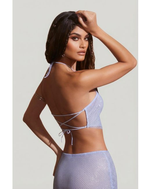 Oh Polly Blue Embellished Open Back Crop Top