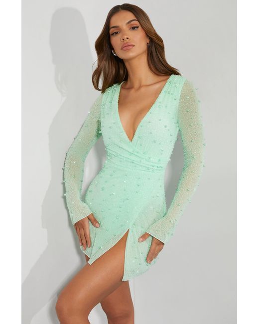 Oh Polly Green Embellished Wrap Over A-Line Mini Dress