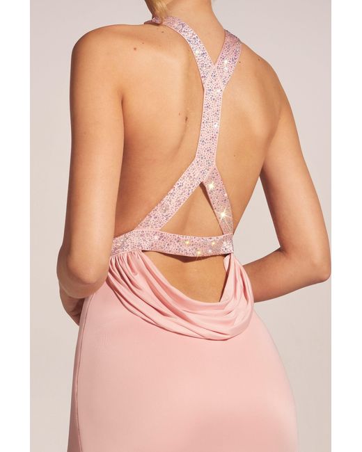 Oh Polly Pink Cowl-Neck Thigh-High Gown