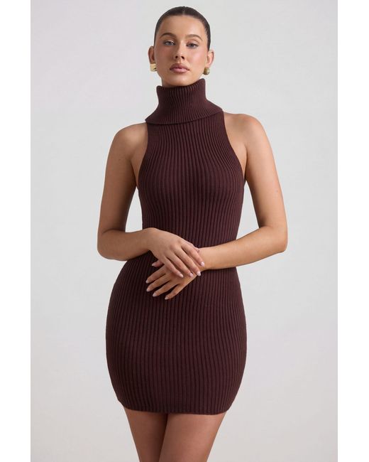 Oh Polly Brown Ribbed-Knit Turtleneck Mini Dress