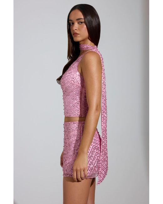Oh Polly Pink Embellished Asymmetric Scarf-Detail Top