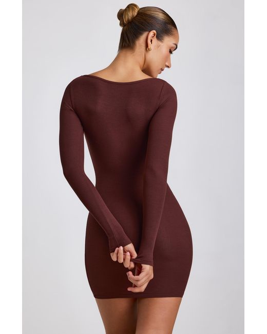 Oh Polly Brown Ribbed Modal Long Sleeve Mini Dress