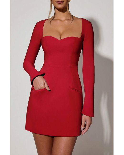 Oh Polly Red Sweetheart-Neck Long-Sleeve A-Line Mini Dress