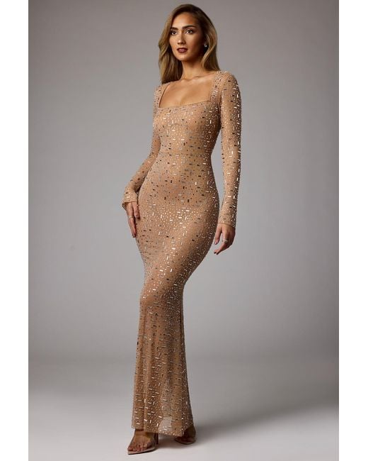 Oh Polly Natural Sheer Embellished Long Sleeve Evening Gown