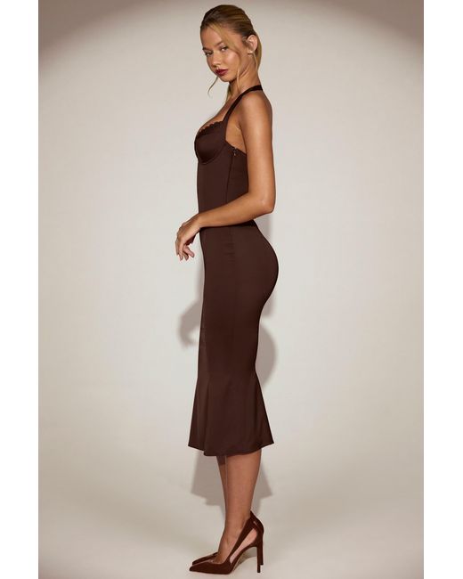 Oh Polly Brown Satin Sweetheart Bustier Fishtail Midaxi Dress
