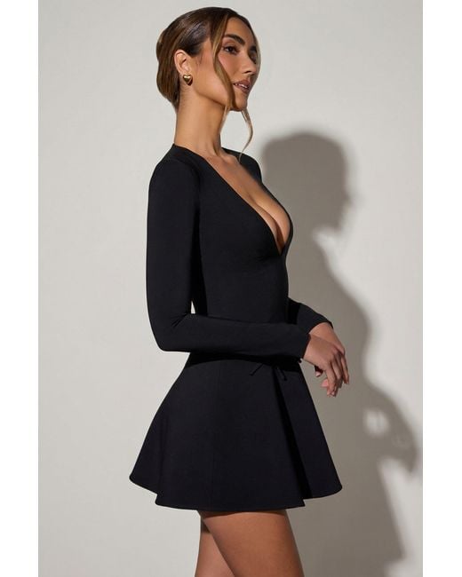 Oh Polly Black Bow-Detail Plunge-Neck A-Line Mini Dress