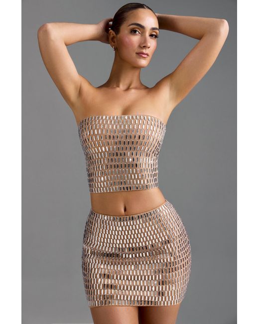 Oh Polly Natural Embellished Low-Rise Micro Mini Skirt