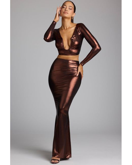Oh Polly Brown Mid Rise Metallic Jersey Maxi Skirt
