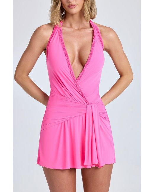 Oh Polly Pink Halterneck Draped A-Line Mini Dress