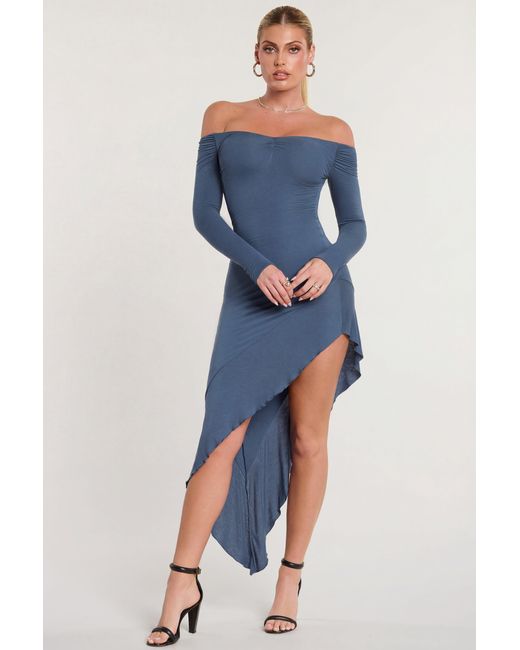 Oh Polly Blue Long Sleeve Off-The-Shoulder Modal Cashmere Blend Maxi Dress