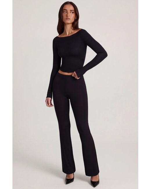 Oh Polly Black Modal Mid-Rise Flared Trousers