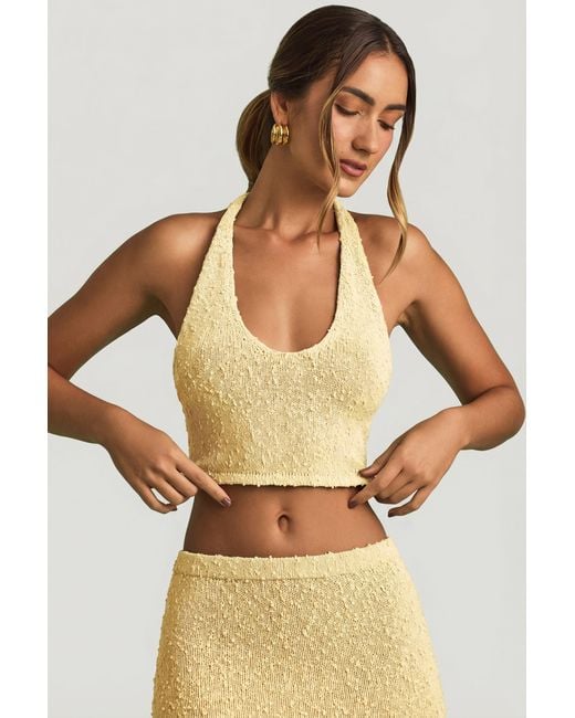 Oh Polly Yellow Bouclé Halterneck Crop Top