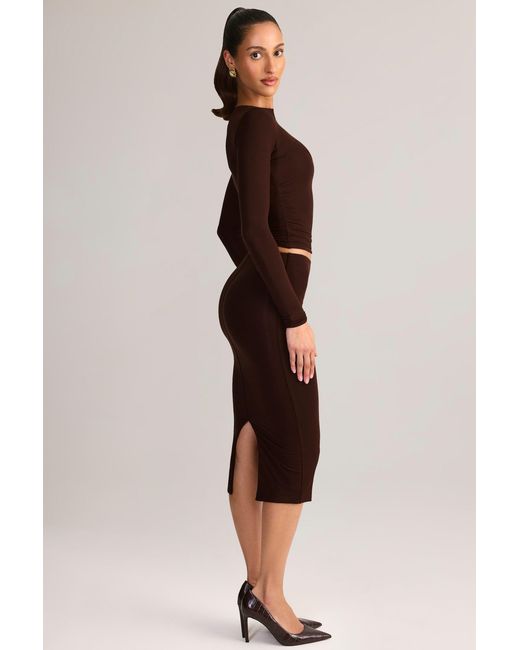 Oh Polly Brown Modal Mid-Rise Pencil Midi Skirt