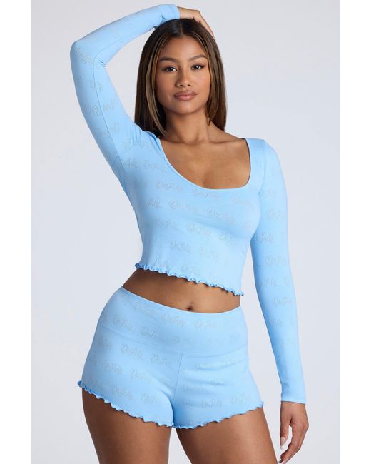 Oh Polly Blue Mid Rise Pointelle Mini Shorts