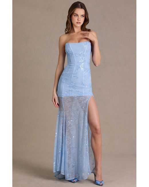 Oh Polly Blue Embellished Lace Corset Gown