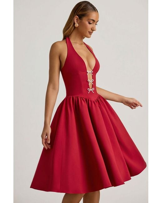 Oh Polly Red Halterneck Bow-Detail Midi Dress