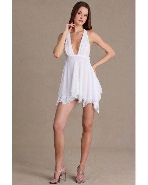 Oh Polly White Chiffon Plunge-Neck Open-Back Mini Dress