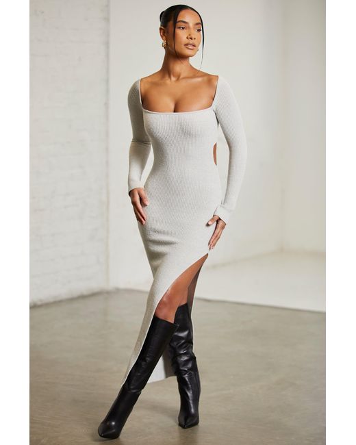 Oh Polly Gray Long Sleeve Cut Out Maxi Dress
