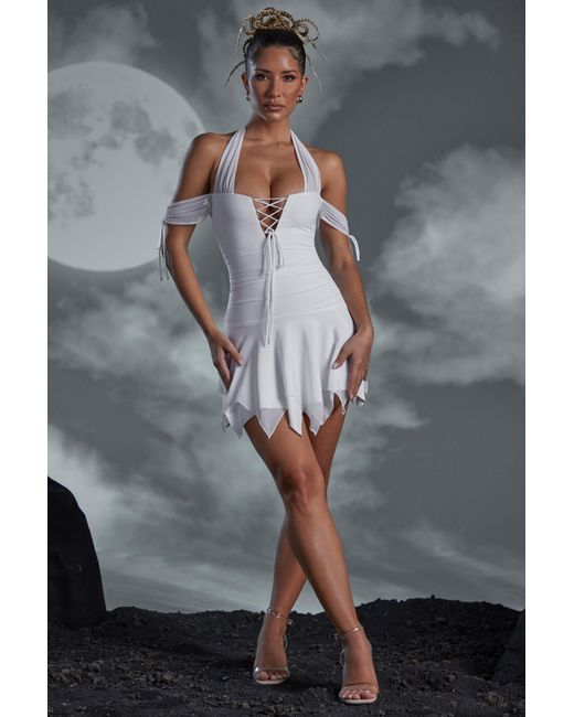 Oh Polly White Lace Up Halter Neck Mini Dress