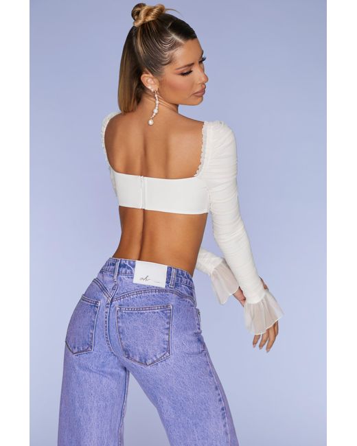 Oh Polly White Long Sleeve Ruched Crop Top