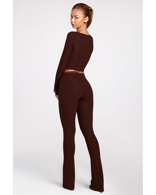 Oh Polly Brown Modal Mid-Rise Flared Trousers