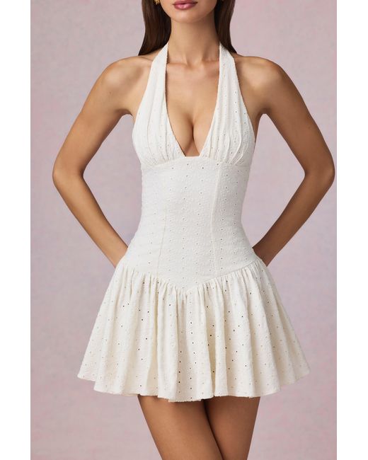 Oh Polly White Modal Broderie Anglaise Halterneck Mini Dress