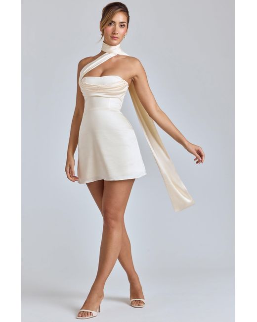 Oh Polly White Draped Halterneck Satin Mini Dress