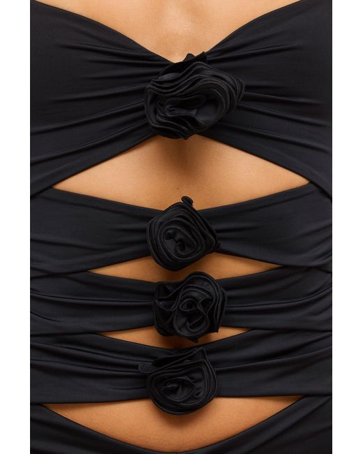 Oh Polly Black Slinky Jersey Rose Detail Cut Out Mini Dress