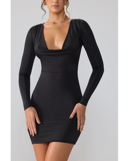 Oh Polly Black Slinky Jersey Long Sleeve Plunge Neck Mini Dress