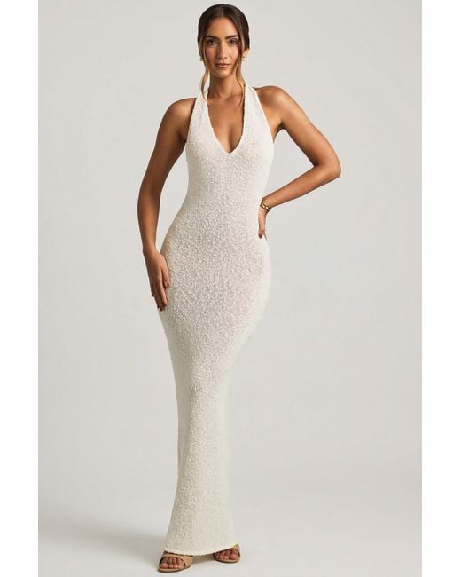 Women's White Bouclé Halterneck Maxi Dress